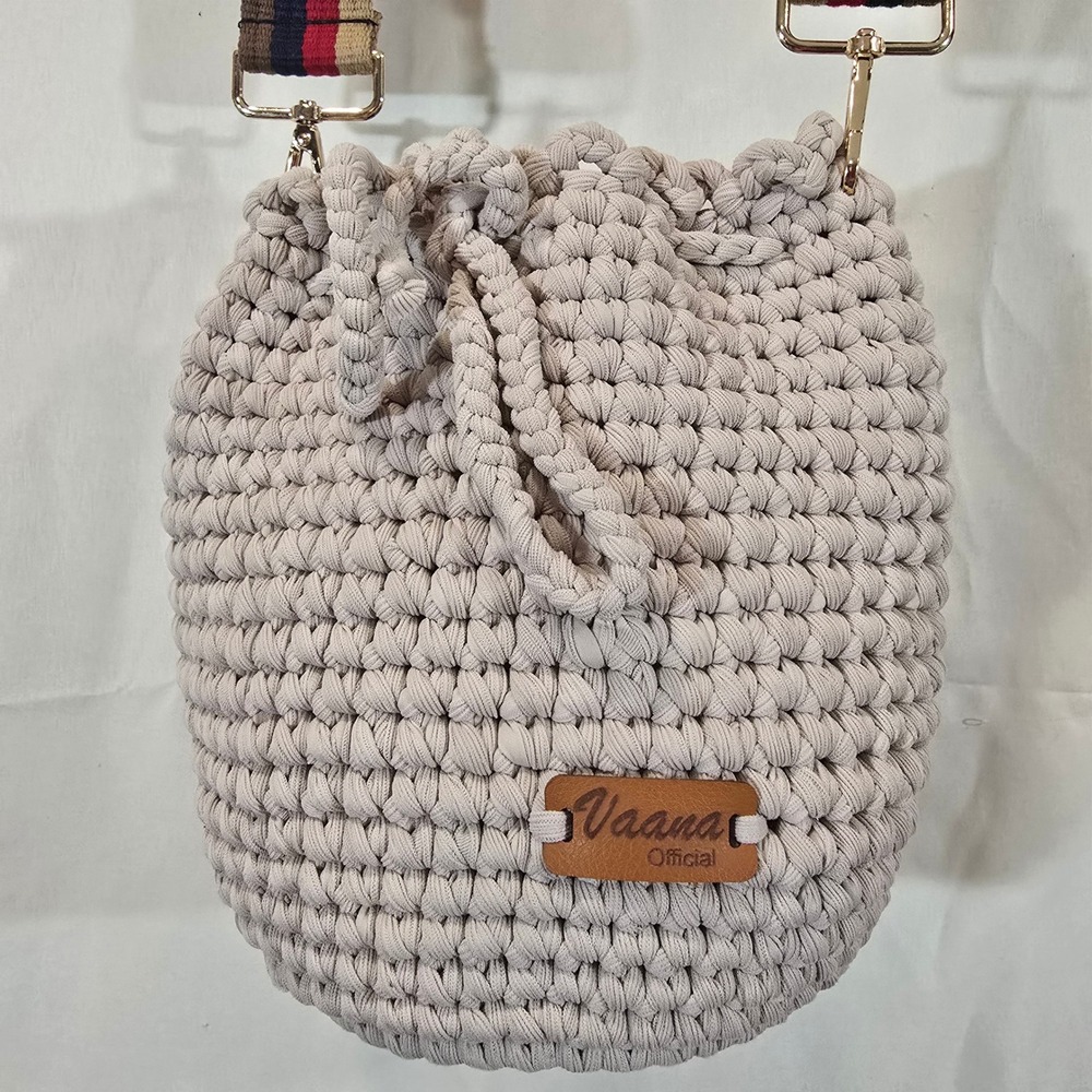 Vaana Official Crochet Bucket Bag‎ Beige Suede Bottom Adjustable Strap